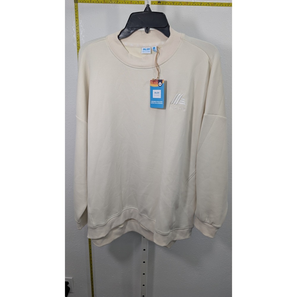 Aldi Gear Crewneck Pullover Sweatshirt Cream Off-White Logo‎ XL NWT Est 1976